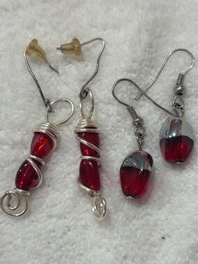 Handcrafted Red Glass Drop Earrings with Silver Wire Wrap -. 2 pairs